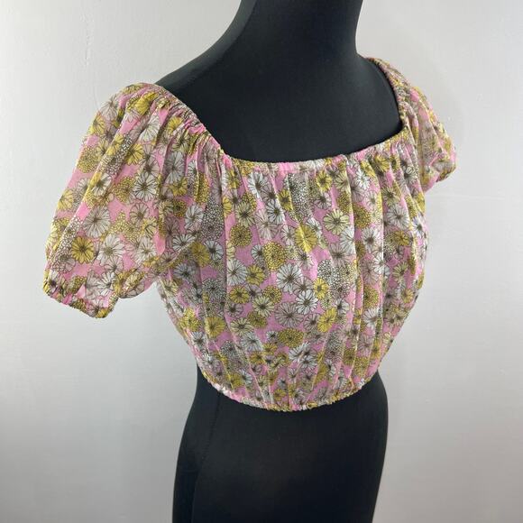 NWT LISA MARIE FERNANDEZ Pink Floral Puff Sleeve Square Neck Cotton Crop Top 2 - Picture 2 of 9